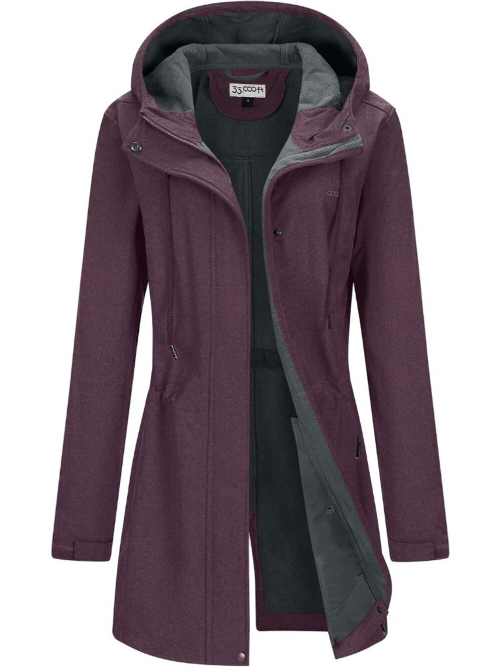 Women's Purple Fleece Lined Waterproof Zip Up Softshell Long Trench Parka Coat